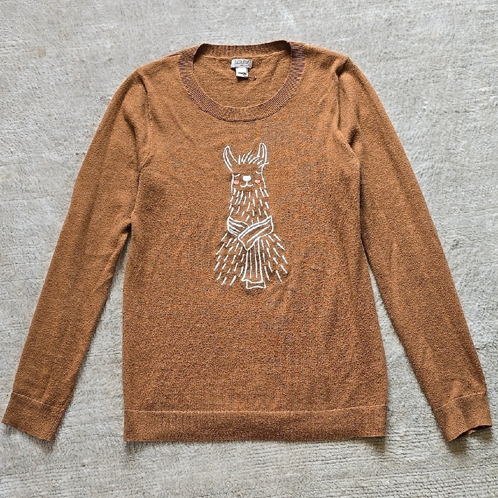 J.Crew Camel Crew-Neck Knit Top w/ Embroidered Graphic | Cotton Wool Blend | XS